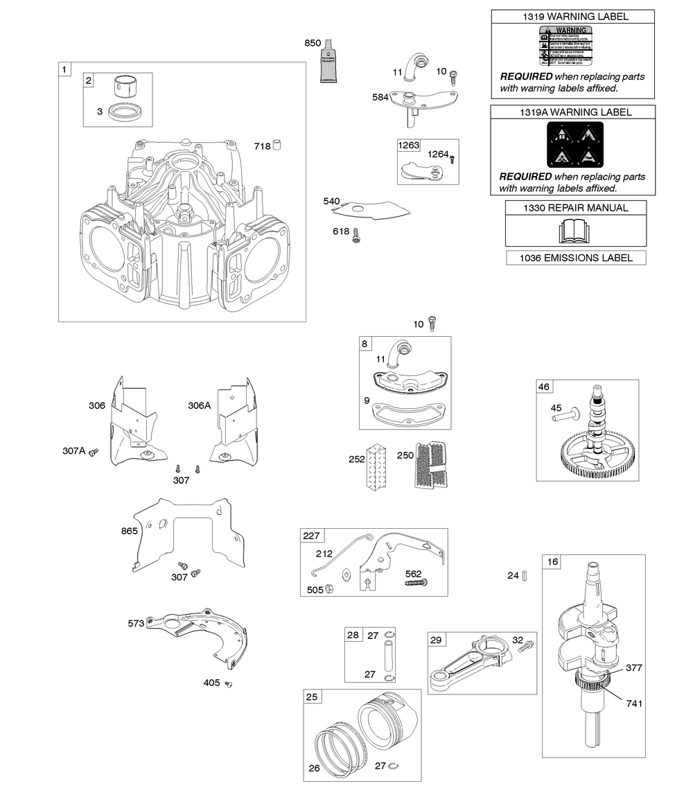 Cylinder, Crankshaft, Camshaft, Air Guides, Piston, Ring, Connecting Rod Diagram and Parts List for 44R677-0003-G1 400000 - 699999 Briggs and Stratton Engine